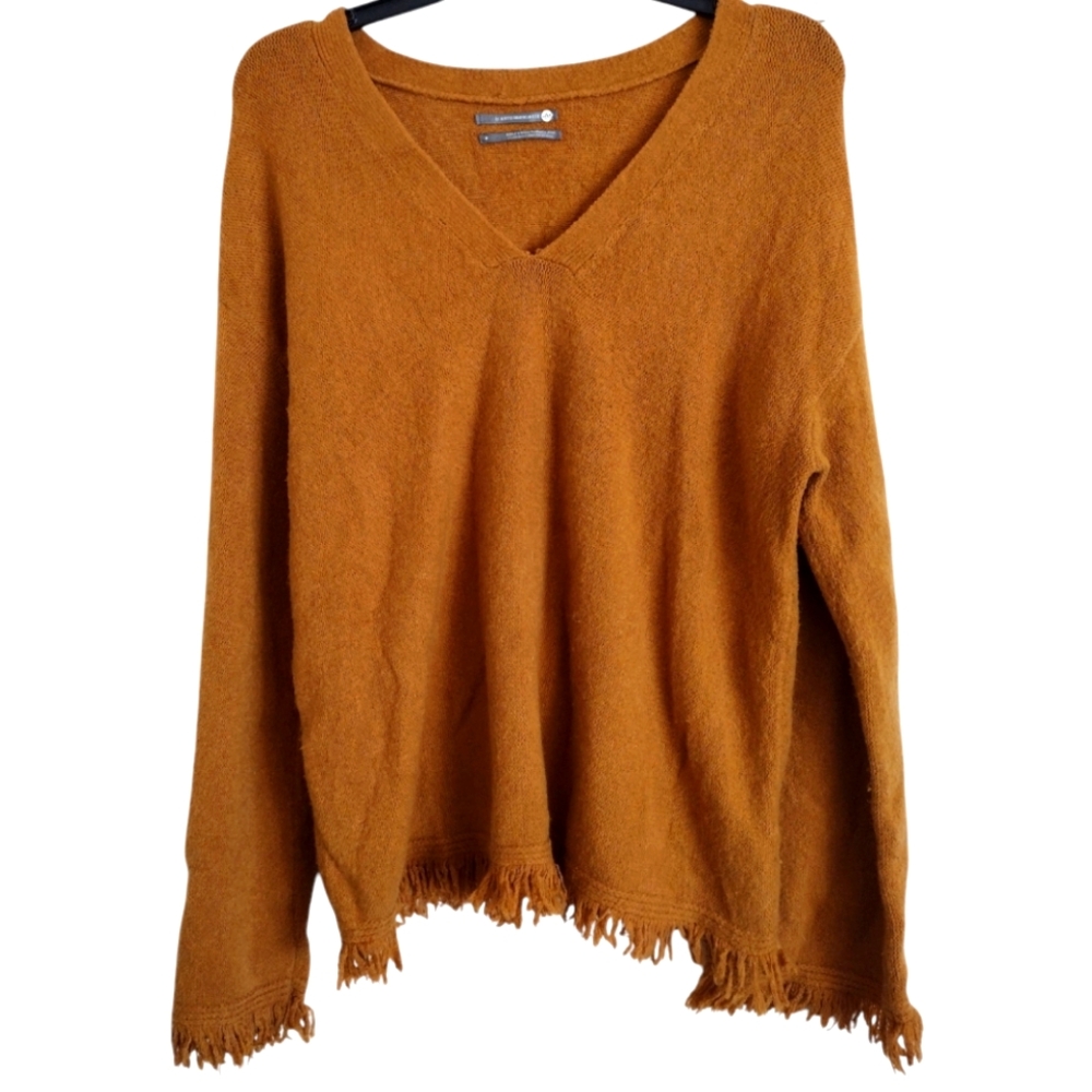 Anthropologie fringe wool alpaca blend sweater Maize orange brown size medium